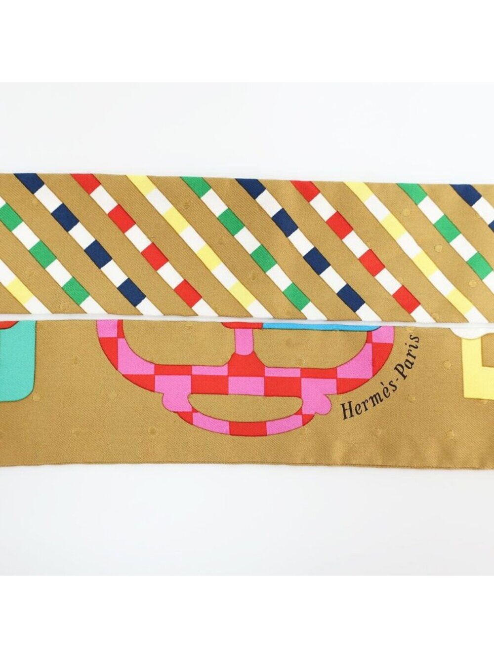 Hermes Tian White Twilly Bouclerie Moderne Buckle Scarf Silk Tabac Rose Blue - Picture 4 of 10